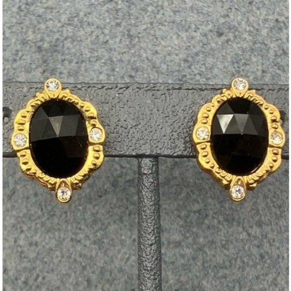 1928 Clip On Earrings Black Gold Rhinestone Faceted Oval Vintage Retro Granny - Picture 1 of 7